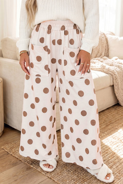 Khaki Polka Dot Wide Leg Elastic Waist Casual Pants