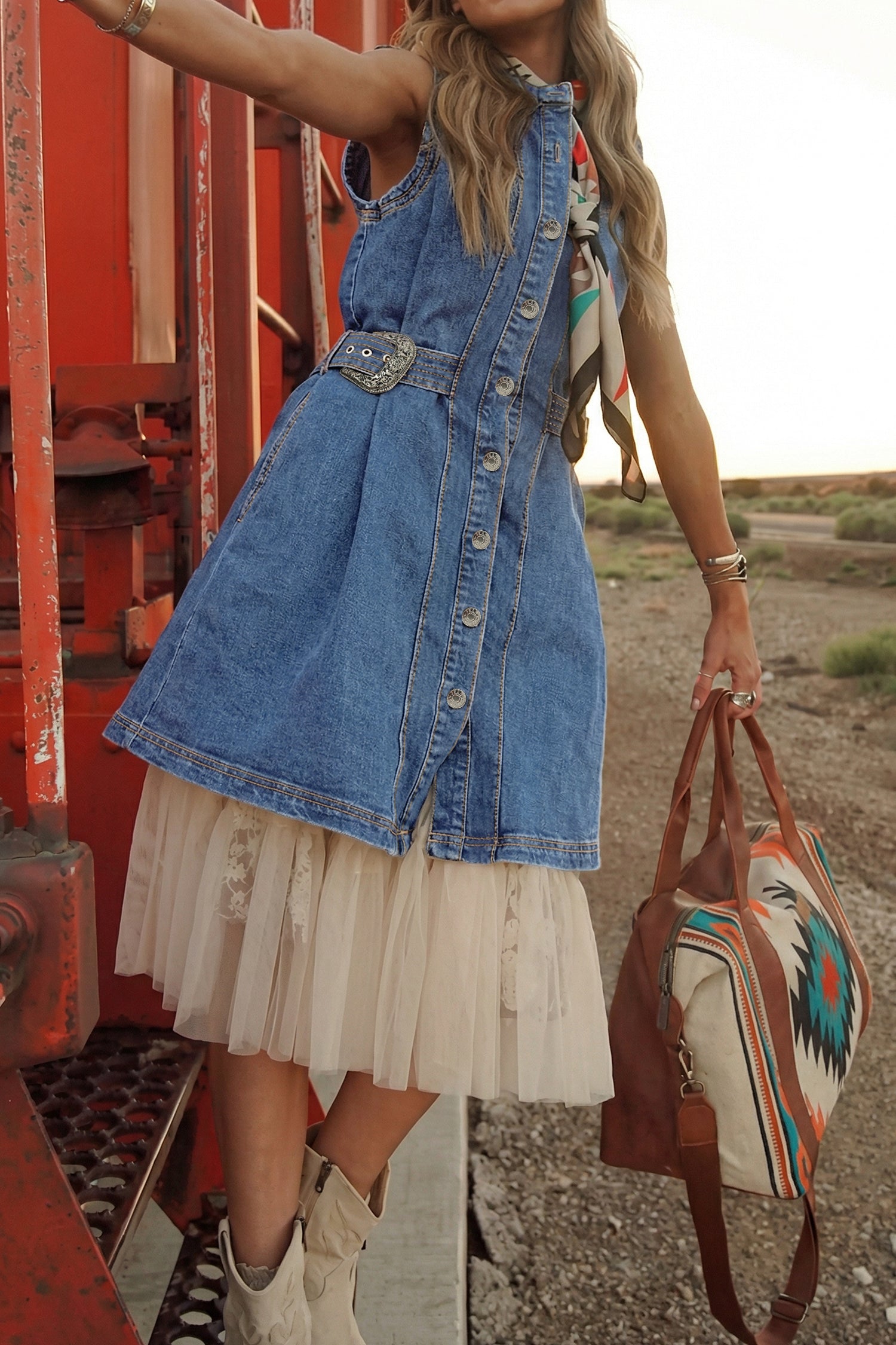 Myosotis Western Belt Button Down Sleeveless Denim Short Dress Myosotis / S / 74.7%Cotton+16.5%Polyester+8.8%Regenrated Fibre