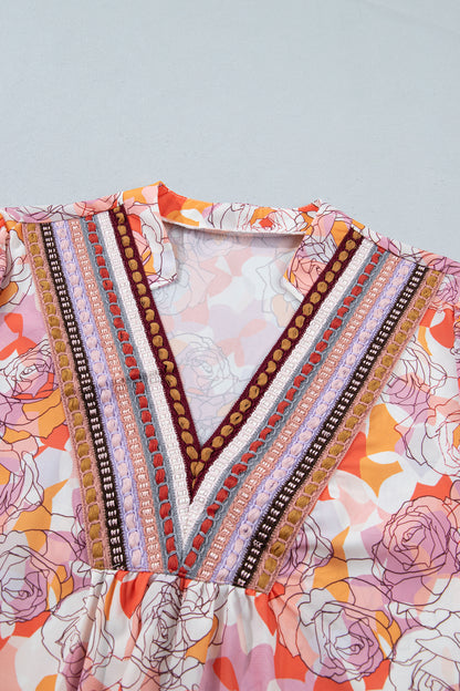 Pink Floral Print V Neck Long Sleeve Shift Blouse