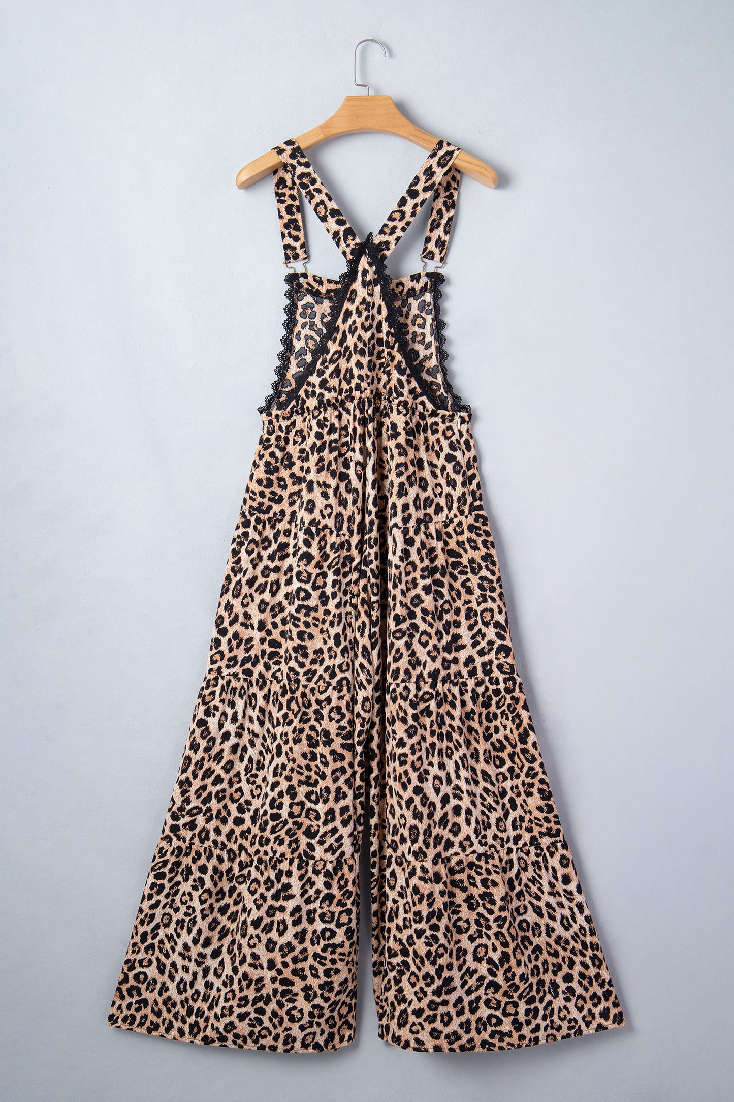 Khaki Cheetah Printed Contrast Lace Detail Ruffled Wide Leg Jumpsuit