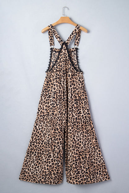 Khaki Cheetah Printed Contrast Lace Detail Ruffled Wide Leg Jumpsuit