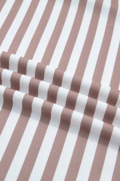 Khaki Stripe Ribbed Trim Round Neck Short Puff Sleeve Plus T Shirt
