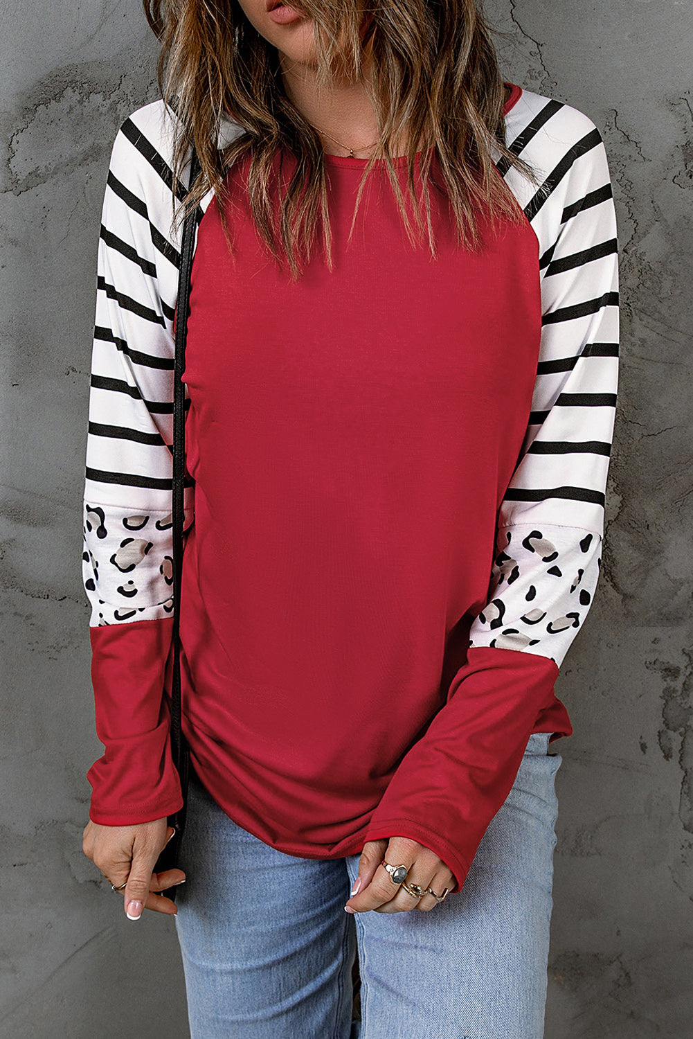 Black Striped Animal Print Colorblock Long Sleeve Top