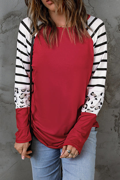 Black Striped Animal Print Colorblock Long Sleeve Top