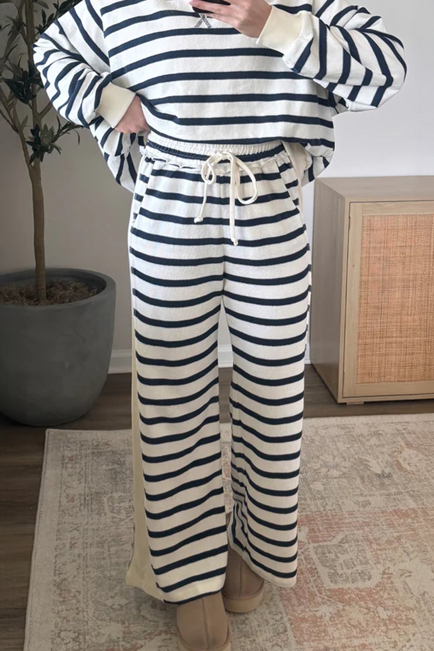 Blue Stripe Striped Ribbed Cuff Collar Pocket Loose Pant Set