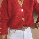 Fiery Red Heart Metal Button V Neck Cardigan Sweater
