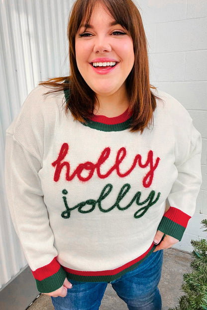 Pull grande taille à épaules tombantes et bordures colorblock à motif Holly Jolly et guirlandes blanches