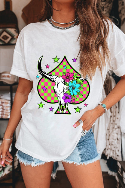 T-shirt ras du cou à carreaux blancs avec imprimé tête de bœuf et pelle