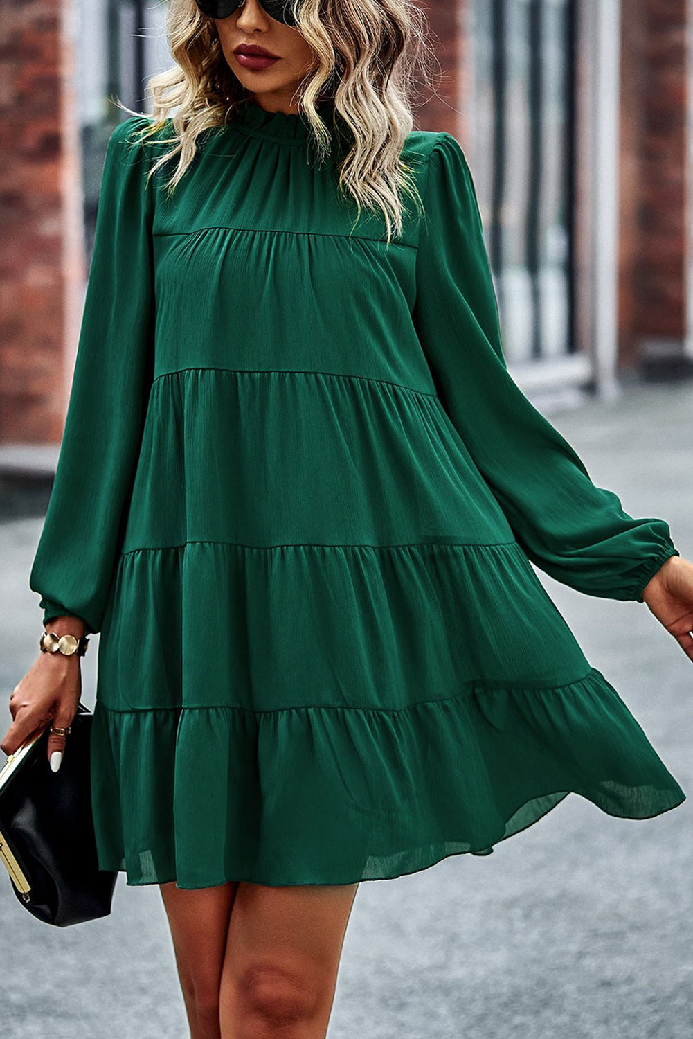 Green Puff Sleeve Mock Neck Back Knot Tiered Dress Green / M / 100%Polyester Green Puff Sleeve Mock Neck Back Knot Tiered Dress Green / M / 100%Polyester