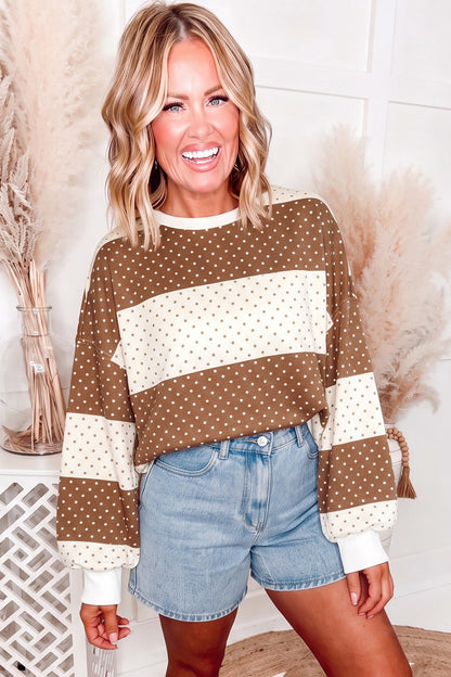 Brown Polka Dot Patchwork Colorblock Long Sleeve Top