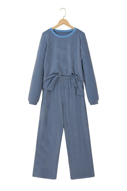 Blue Stripe Contrast Trim Round Neck Oversize Long Sleeve Top 2pcs Pant Set