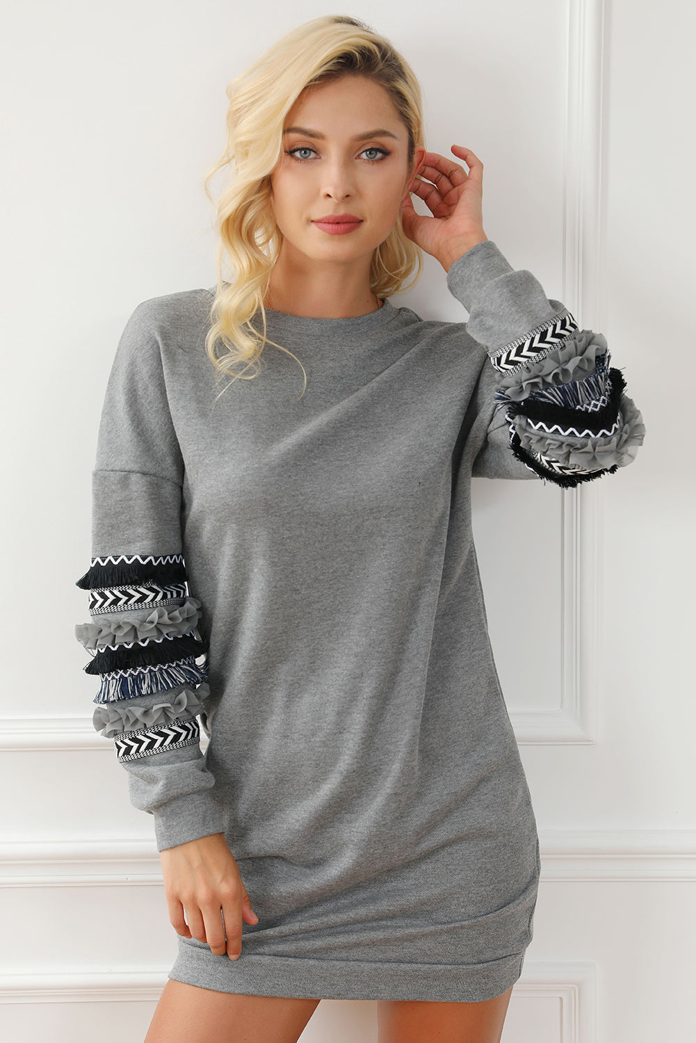 Dark Grey Printed Fringed Ruffled Accent Sweatshirt Dress