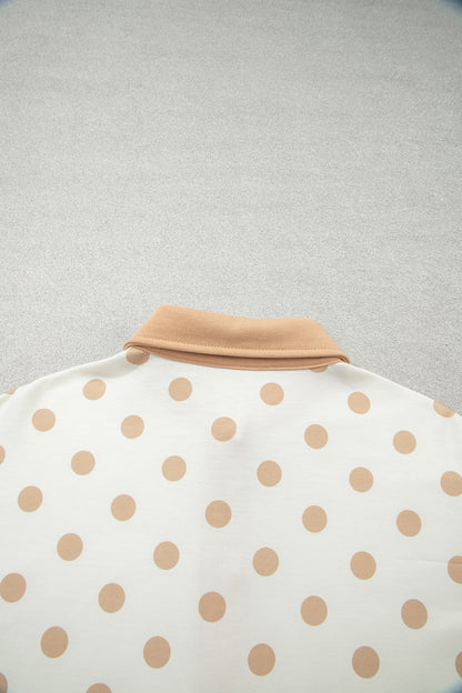 Khaki Polka Dot Drop Shoulder Polo Loose Pullover Patch Pocket Casual Shorts Set