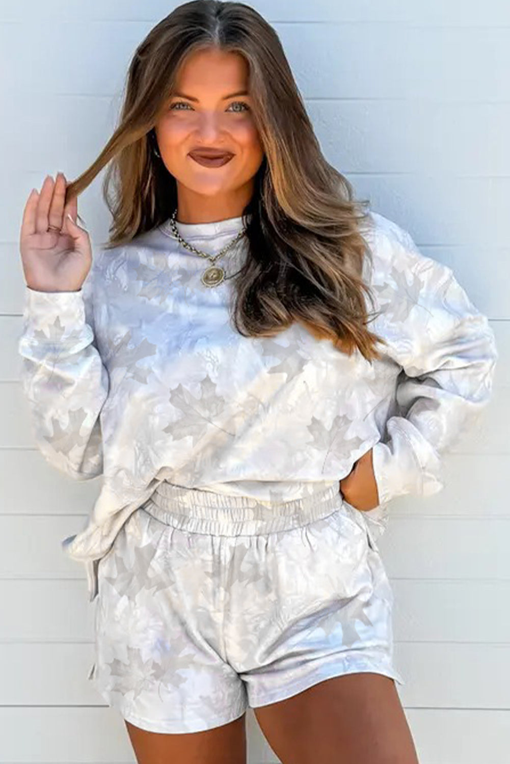 Beige Camo Print Pullover Top and Elastic Waist Casual Short Set