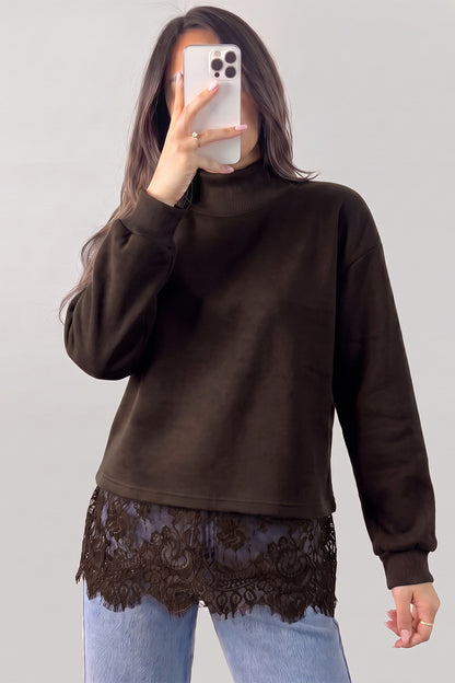 Coffee Solid Color High Neck Lace Splicing Hem Pullover Sweatshirt