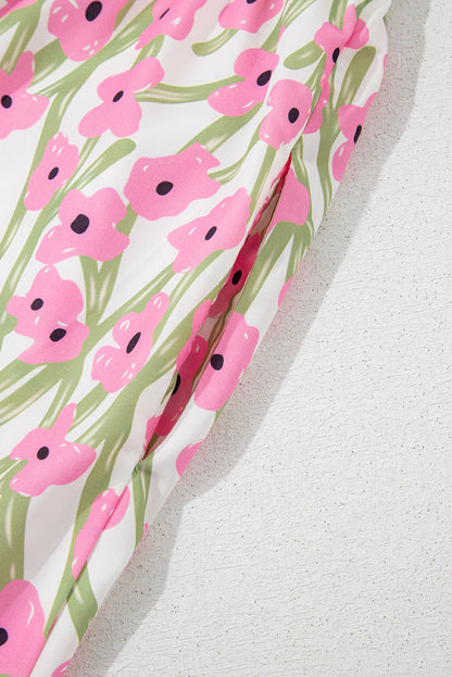 Robe longue rose à imprimé floral, col carré et bretelles à volants