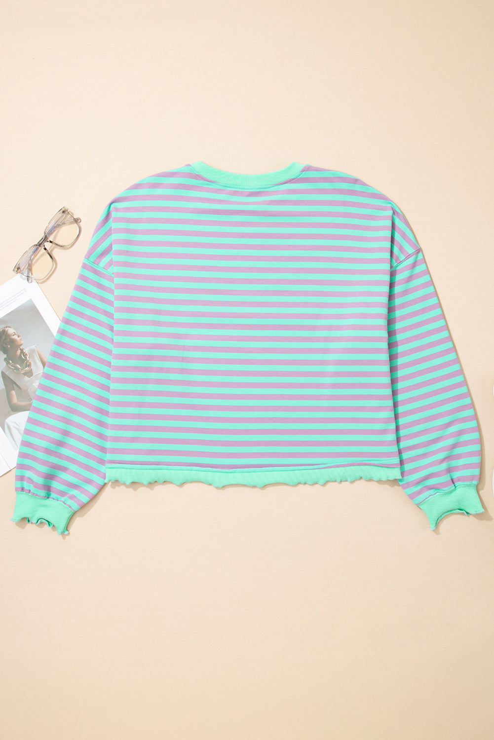 Green Stripe Exposed Seam Contrast Ribbed Trim Oversize Sweatshirt