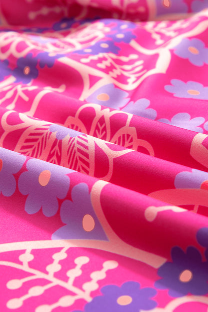 Chemisier à imprimé floral rose, col volanté, manches bouffantes et smockées