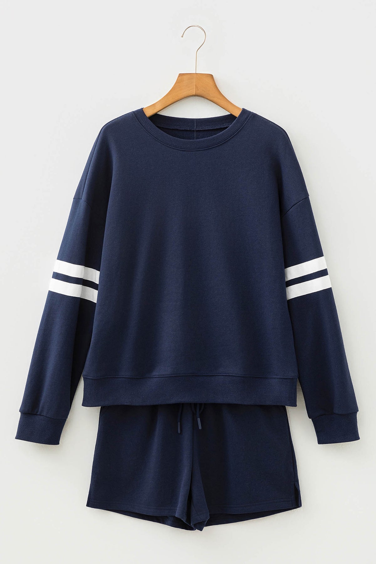 Navy Blue Varsity Striped Sleeve Drop Shoulder Sweatshirt and Short Set
