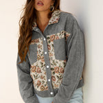 Medium Grey Ribbed Retro Floral Patchwork Shirt Style Jacket
