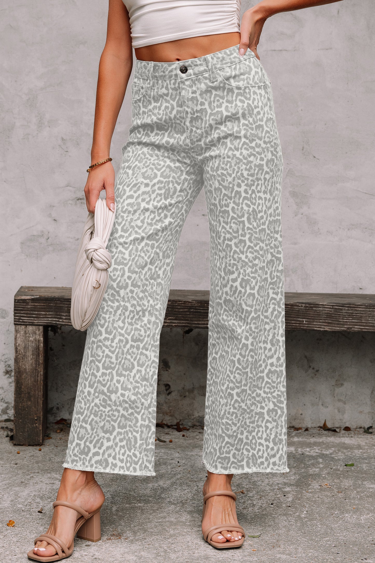 Brown Leopard Frayed Edge Wide Leg High Waist Jeans