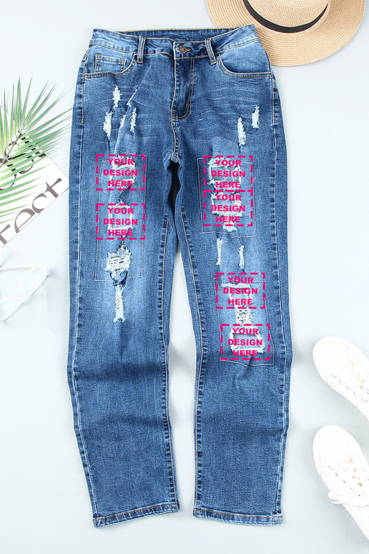 Jeans de pernera recta desgastados con patchwork de corazón de San Valentín