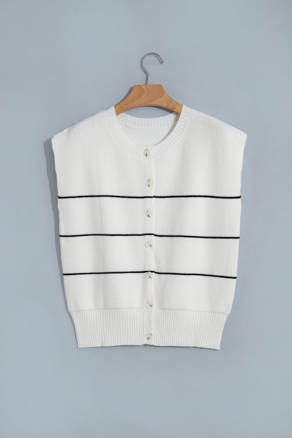White Stripe Short Sleeve Button Front Shift Cardigan
