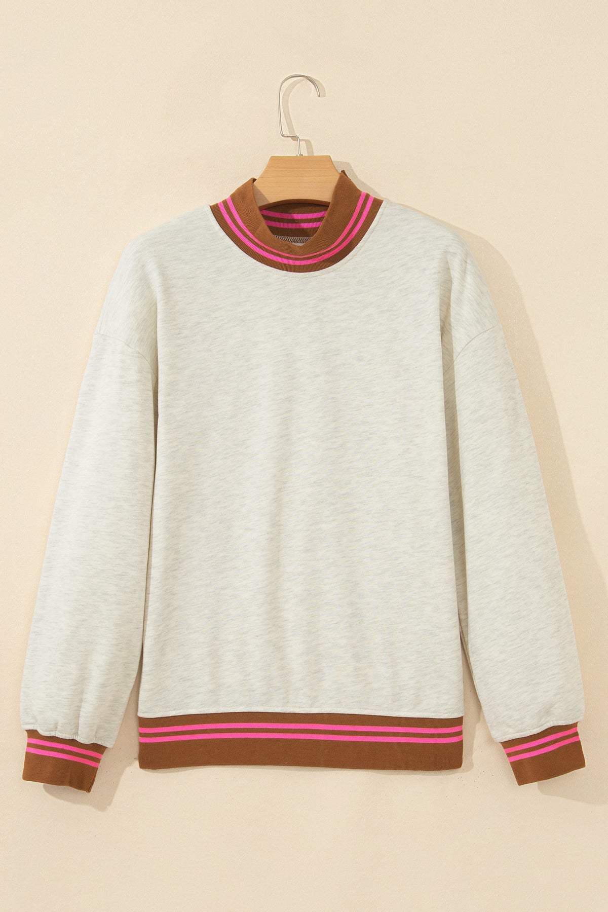 Gray Ribbed Stand Neck Long Sleeve Loose Fit Sweatshirt
