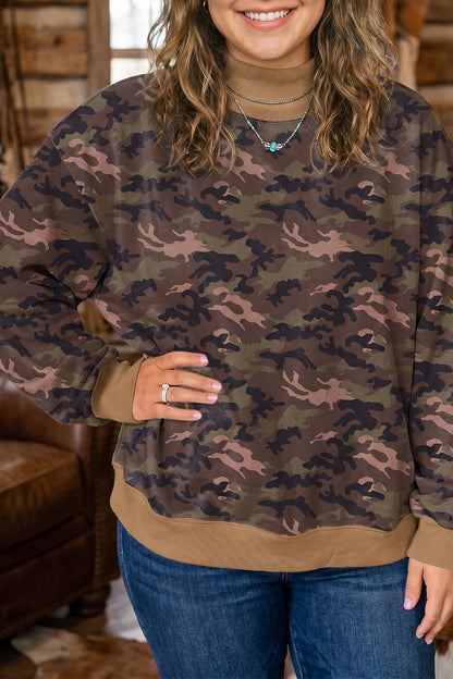 Green Camouflage Print High Neck Long Sleeve Oversized Shift Silhouette Tunic Length Plus Size Sweatshirt