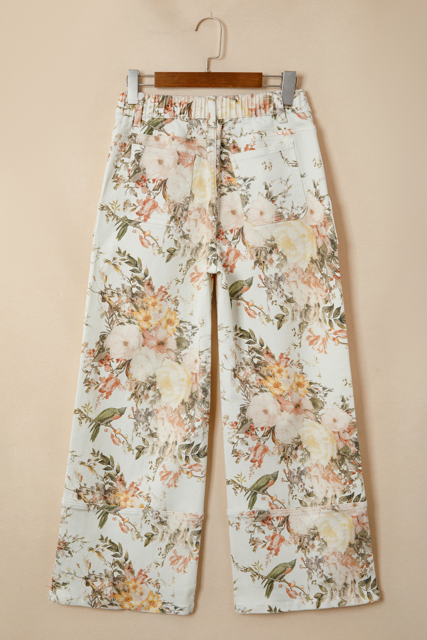 Beige Vintage Style Floral Print High Waist Wide Leg Jeans