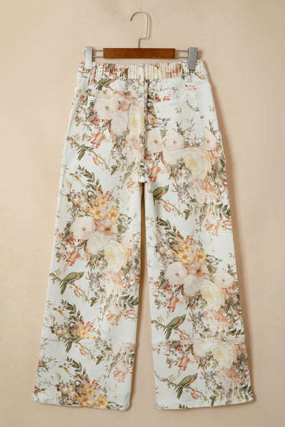 Beige Vintage Style Floral Print High Waist Wide Leg Jeans