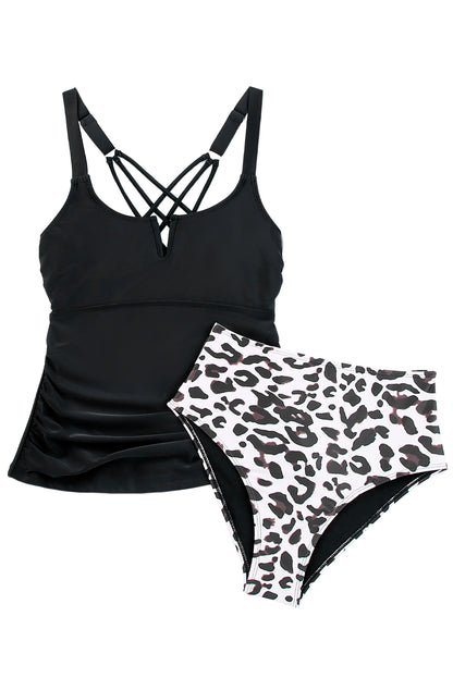 Traje de baño tankini con tiras y escote de muesca en contraste de cintura alta