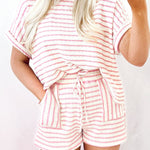 Pink Stripe Knitted Short Sleeve Top and Drawstring Shorts Set