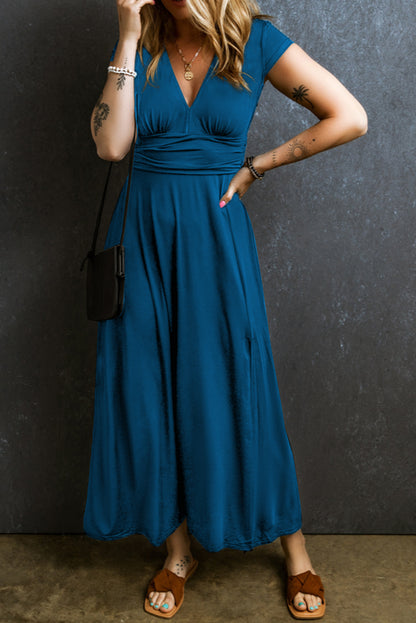 Robe longue bleu paon à manches courtes et col en V, taille haute et froncée