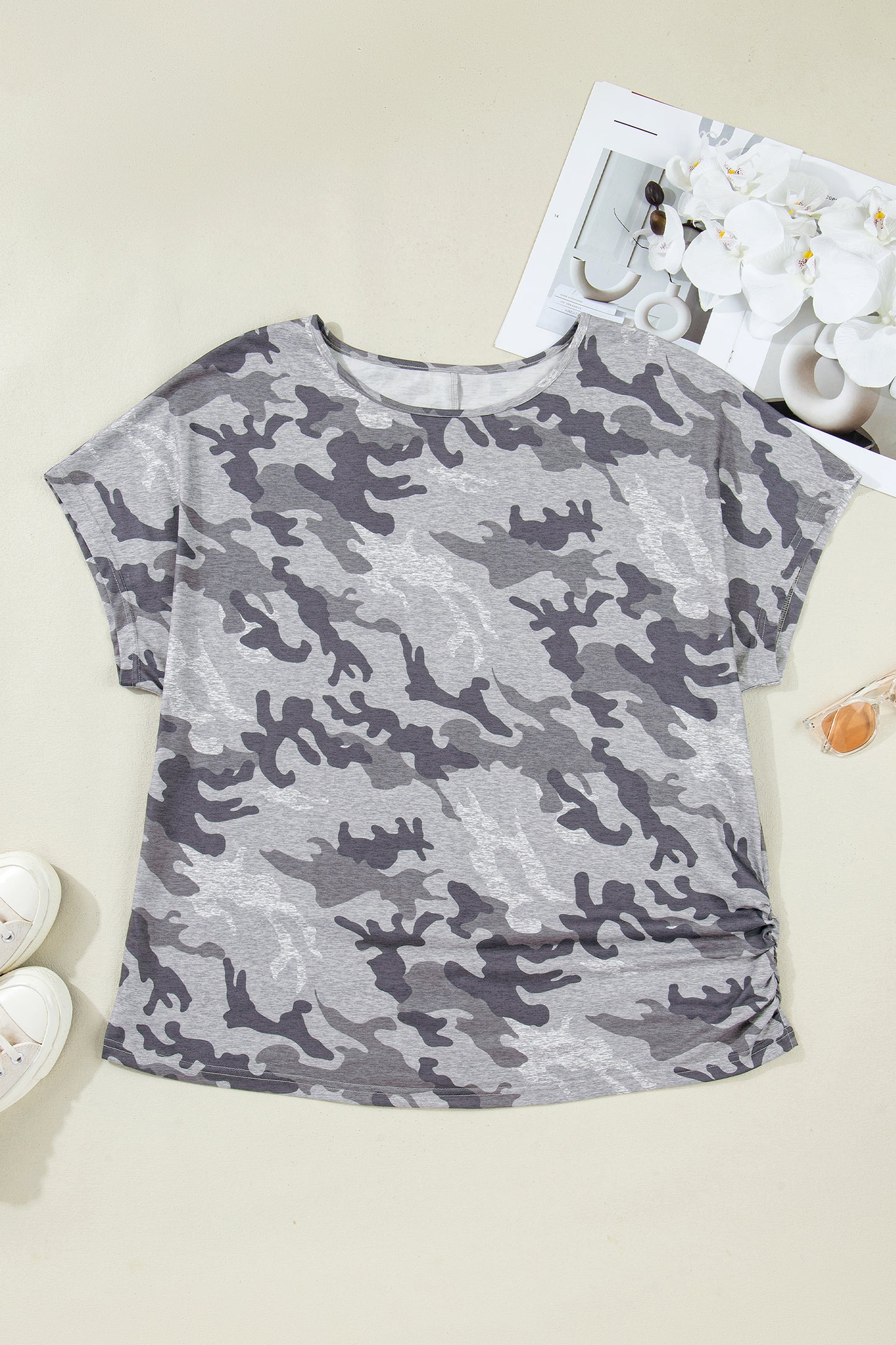 Gray Plus Size Camo Print Casual T Shirt