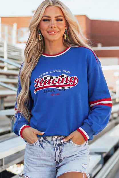 Sky Blue Abstract Racing Graphic Embroidered Patchwork Long Sleeve Sweatshirt