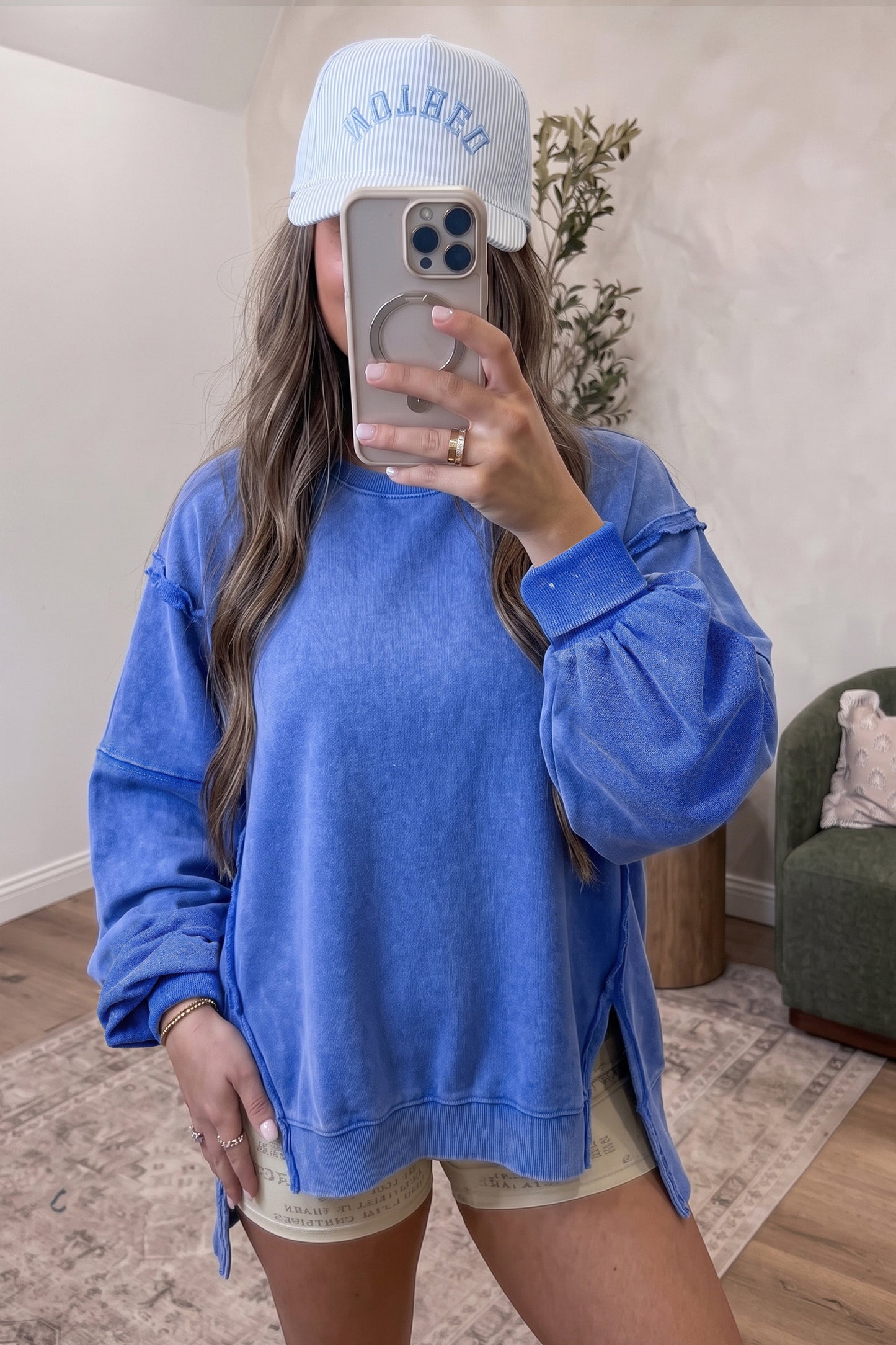 Sky Blue Mineral Wash Split Hem Loose Tunic Sweatshirt