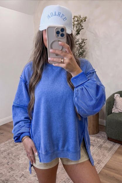 Sky Blue Mineral Wash Split Hem Loose Tunic Sweatshirt