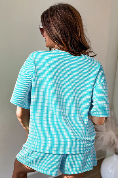 Sky Blue Stripe Raised Rib Loose Tee Drawstring Elastic Waist 2pcs Short Set
