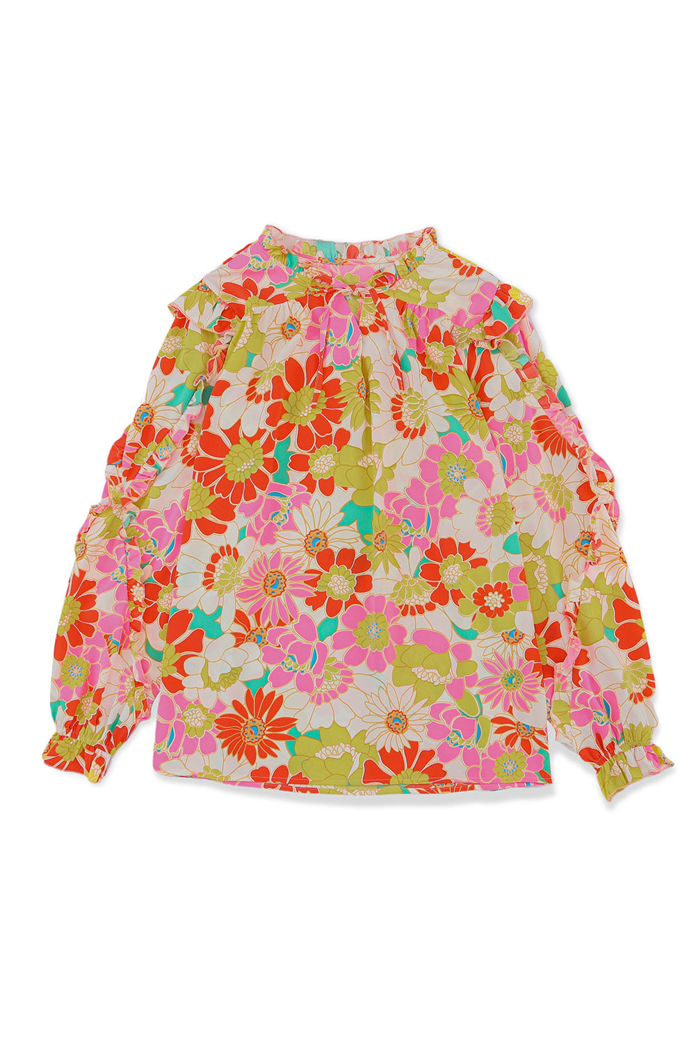 Top floral con mangas acampanadas y cuello levantado multicolor