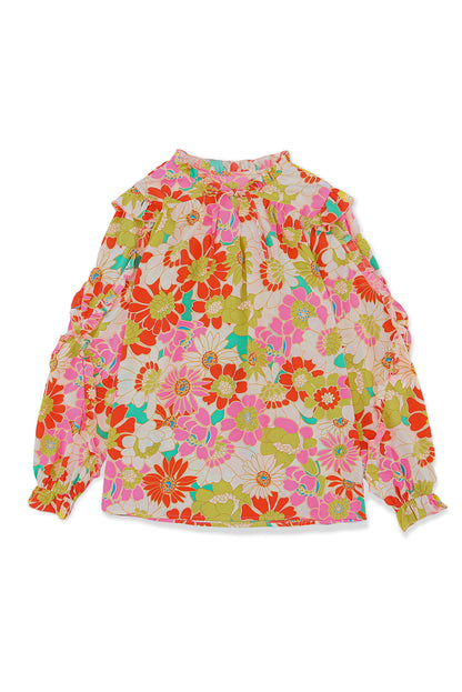 Top floral con mangas acampanadas y cuello levantado multicolor