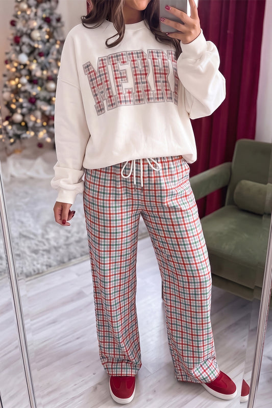 Multicolour Festive Plaid Drawstring Elastic Waist Pants