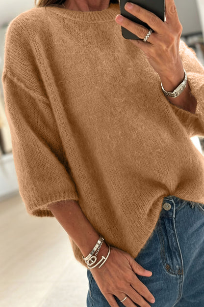 Camel Solid Color Knit Half Sleeve Round Neck Shift Sweater