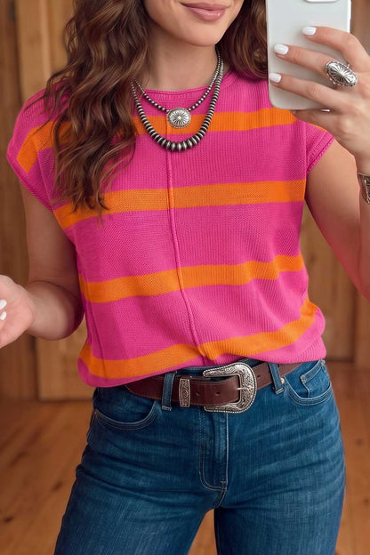 Rose Stripe Knit Western Short Sleeve Sweater