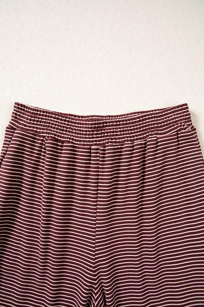 Brown Stripe Contrast Trim Round Neck Oversize Long Sleeve Top 2pcs Pant Set