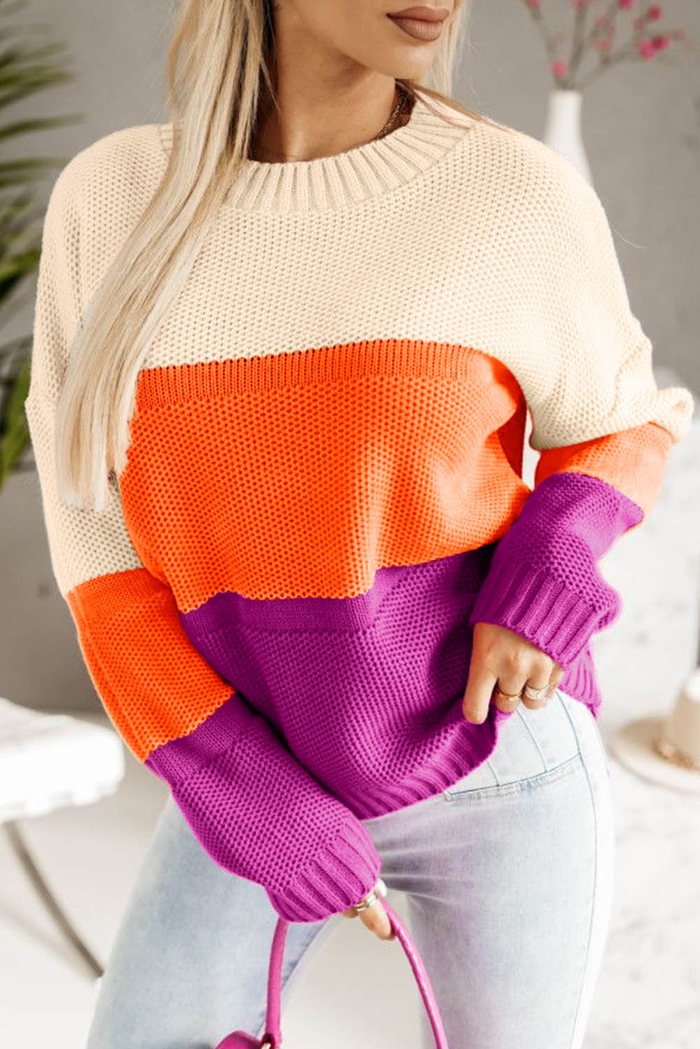 Pull en maille multicolore à col rond et épaules tombantes