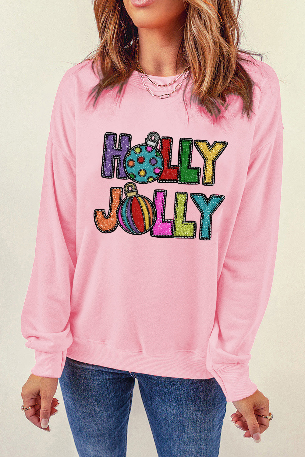 Sweat-shirt graphique rose HOLLY JOLLY avec lettres festives de Noël
