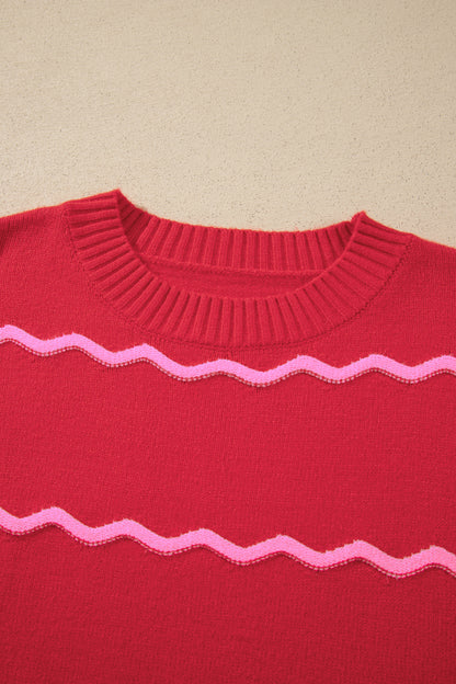 Red Stripe Striped Round Neck Long Sleeve Shift Pullover Sweater