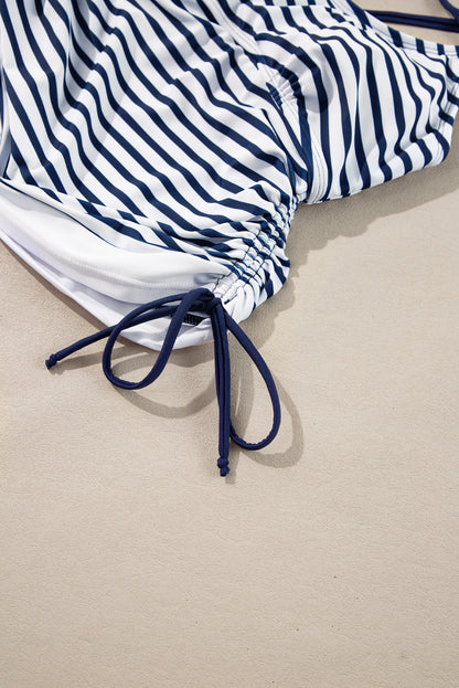 Maillot de bain tankini 2 pièces à rayures bleues avec cordon de serrage et effet gainant