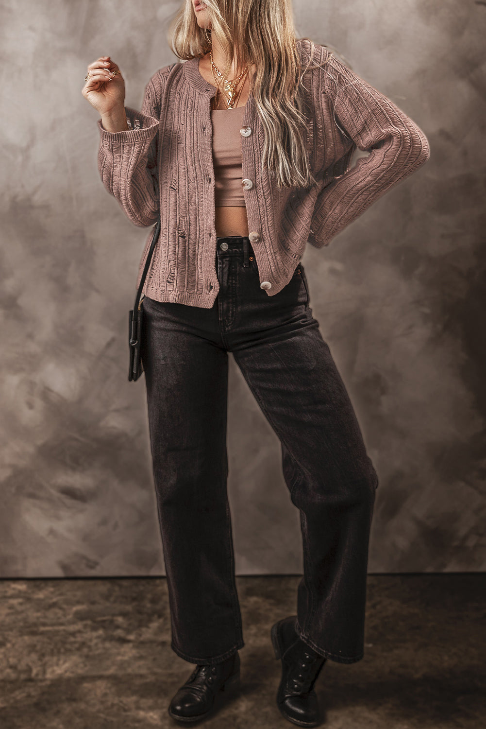 Cardigan boutonné en tricot texturé découpé en chèvre